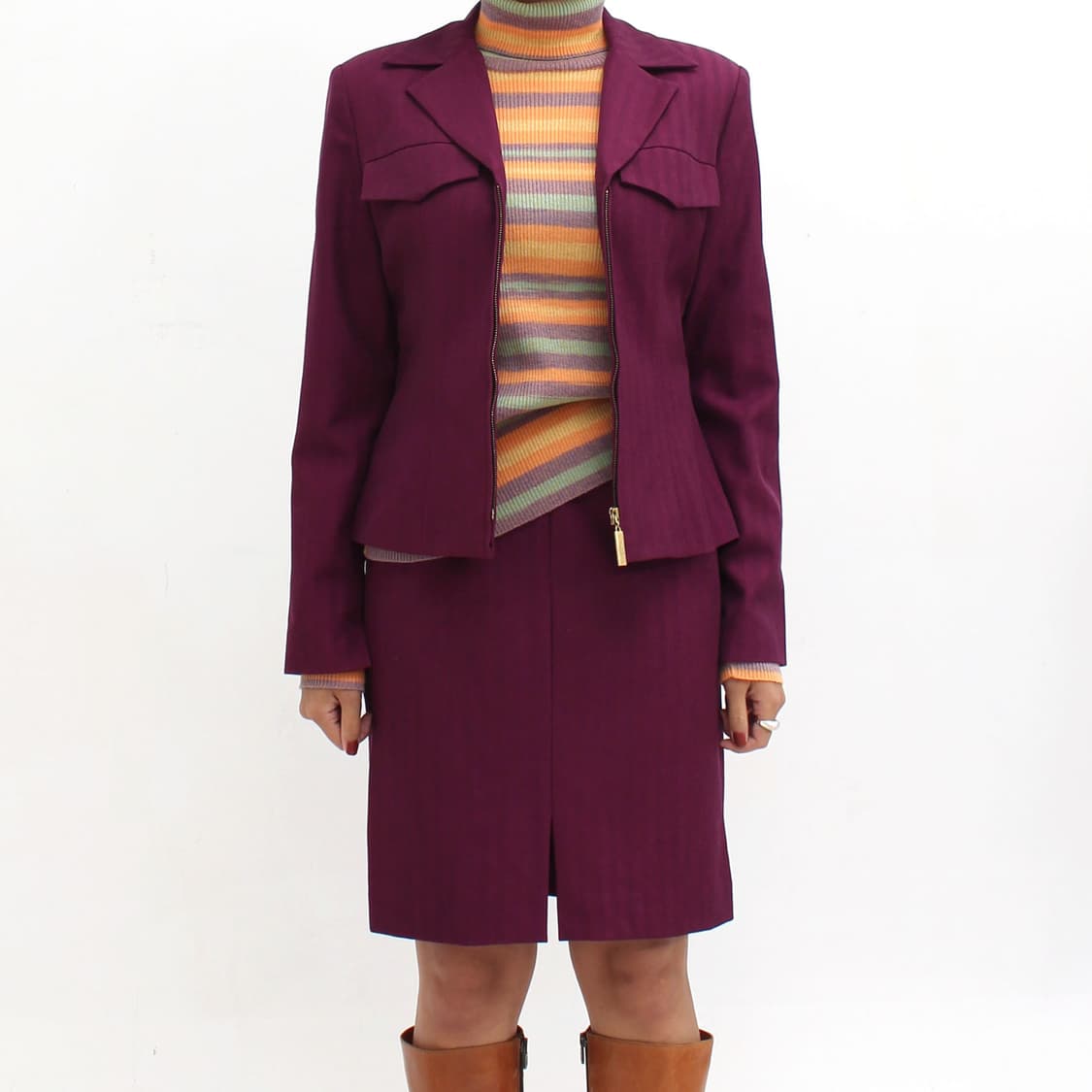 일본 빈티지 퍼플 와인 써머 울 자켓 스커트 세트 상품이미지1