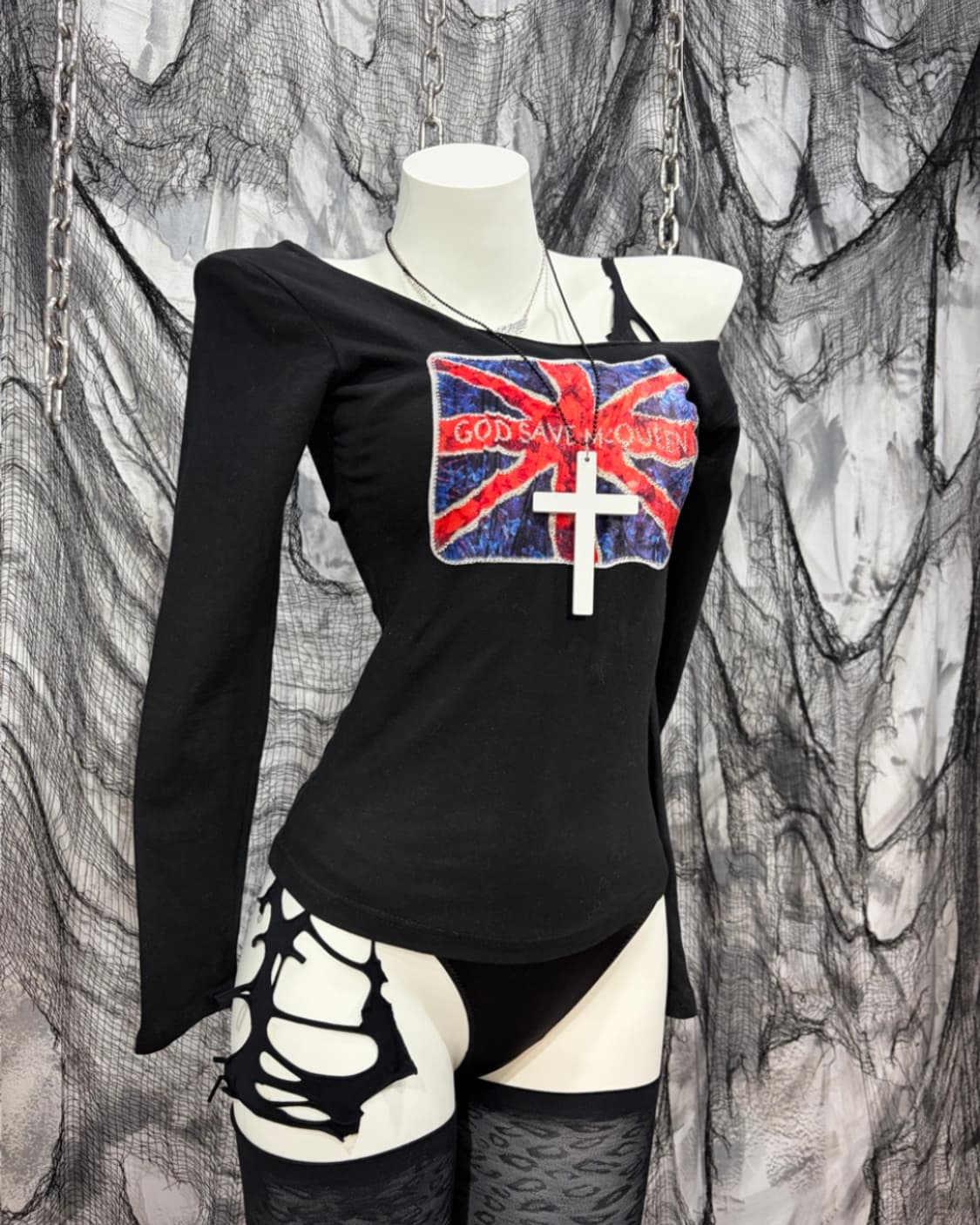 Y2K velvet union jack off-shoulder 상품이미지5