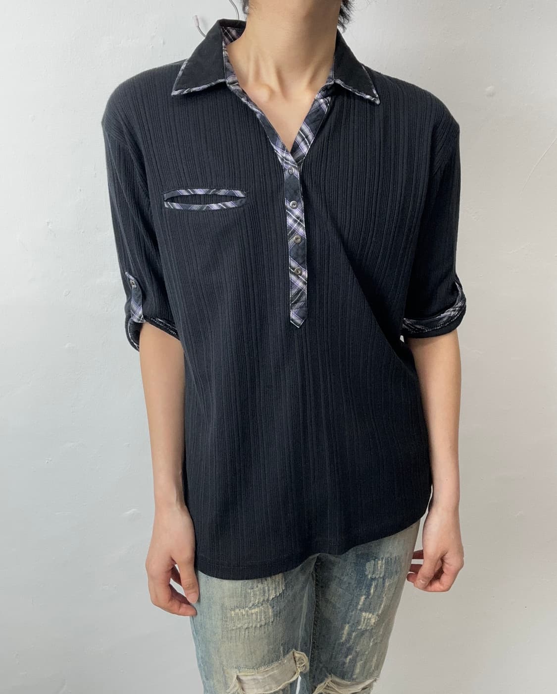 Ribbed Layered Check Sleeve 상품이미지2