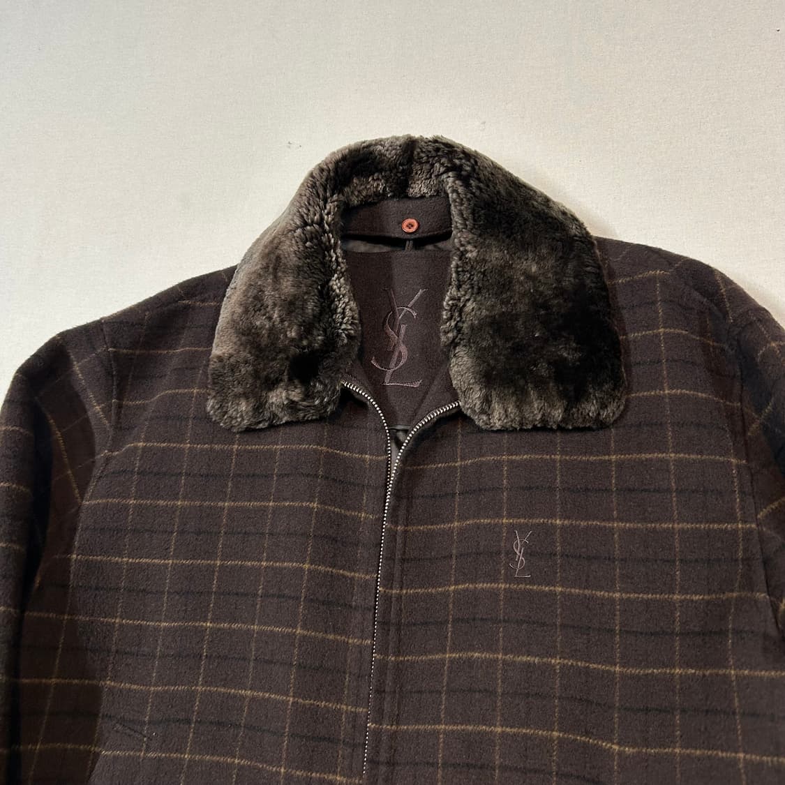 L) YSL 입생로랑 브라운 양털 퍼 울 코트 자켓 상품이미지2