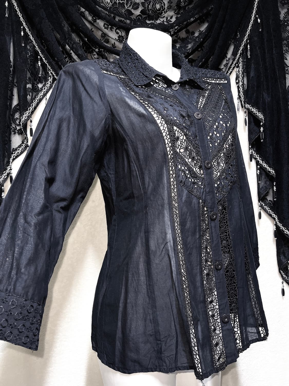 오리엔탈 고스펑크 고딕 레이스 펀칭 블랙 블라우스 중티 다크페어리 핀터 상품이미지4