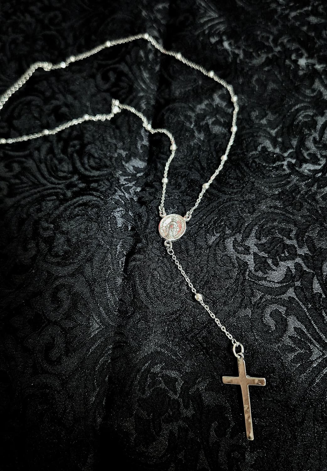 빈티지 고스 고딕 실버 십자가 로자리오 목걸이 상품이미지1