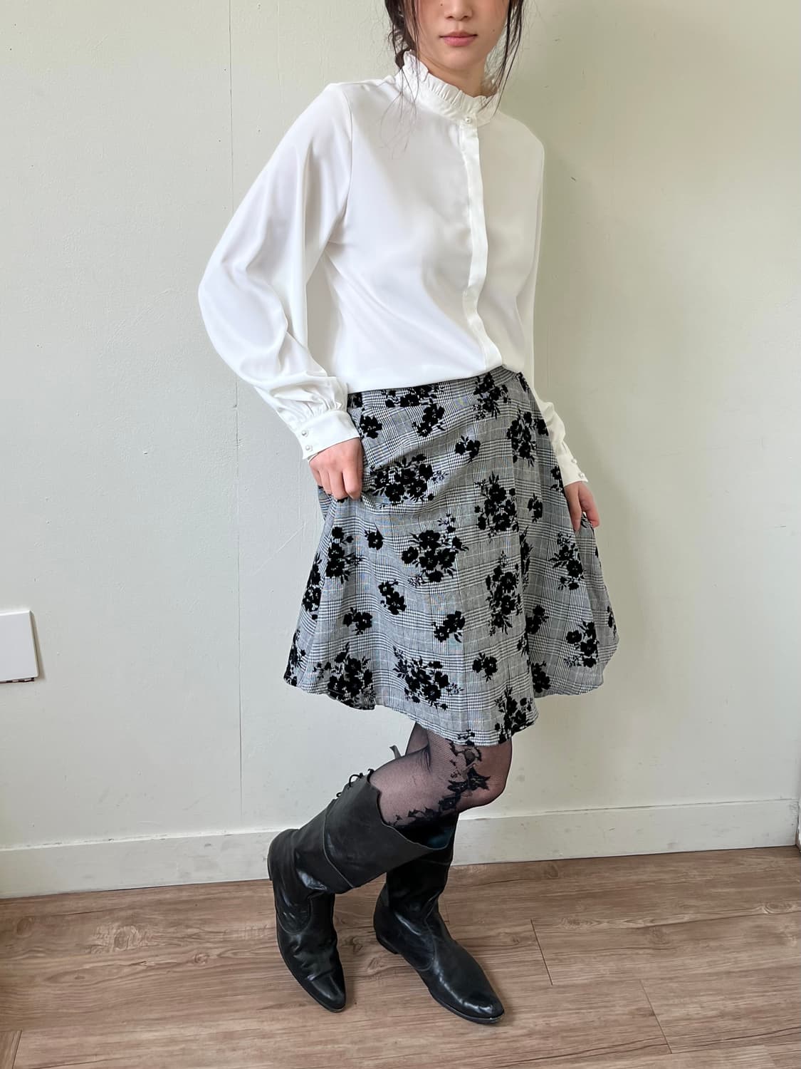 Japan vtg 체크 벨벳 플라워 스커트 상품이미지3