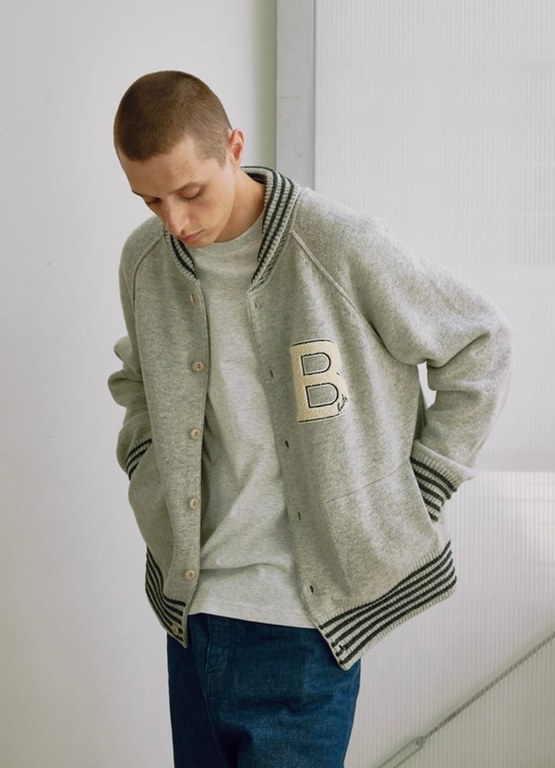 KNIT VARSITY CARDIGAN_Melange Grey 상품이미지3