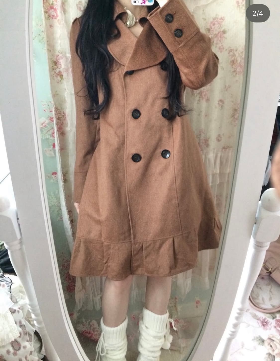 파뮤 빈티지 브라운 롱 프릴 코트 라떼갸루 상품이미지1