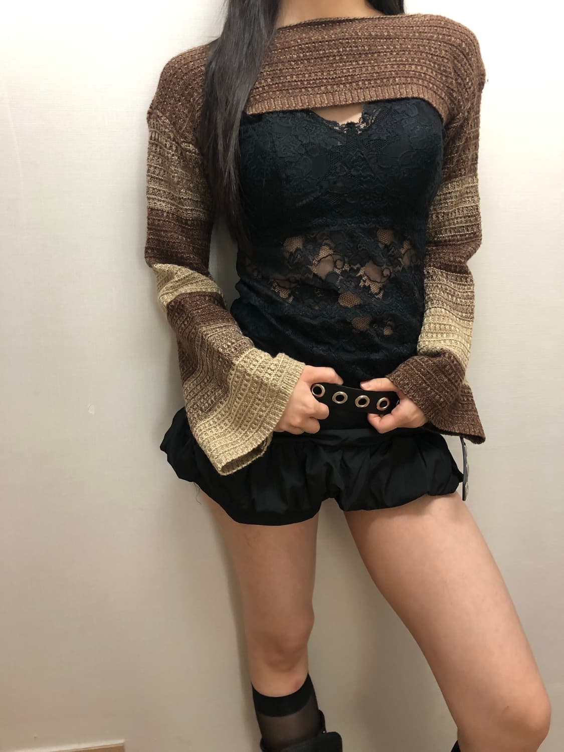 빈티지 브라운 스트라이프 크롭 니트 상품이미지1