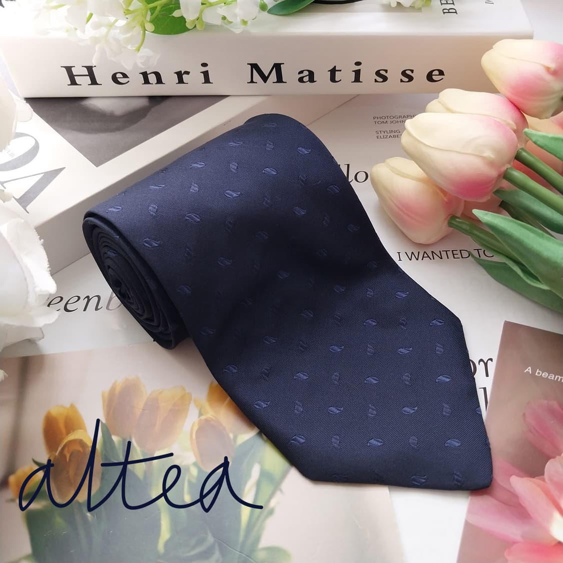 알테아 실크 네이비 자카드 패턴 넥타이 9cm A+등급 K2526 상품이미지2