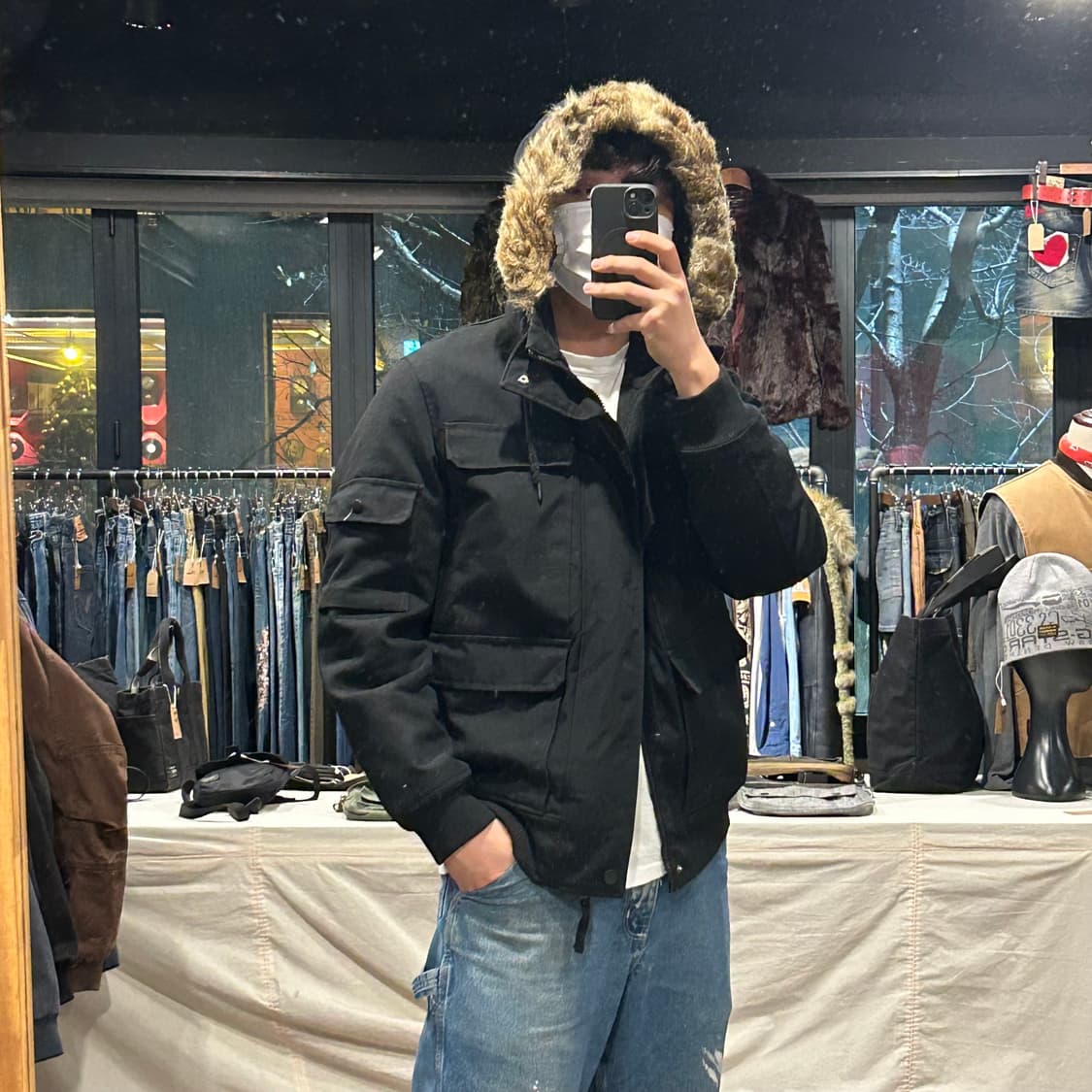 M) H&M 블랙 후드 퍼 패딩 점퍼 상품이미지9