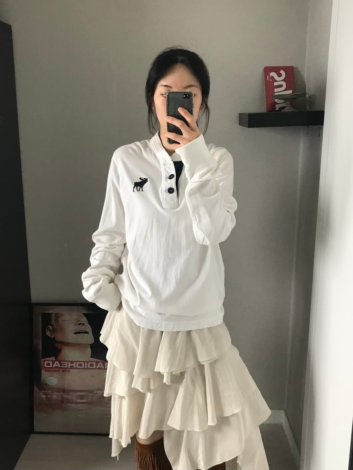 아베크롬비 산양 자수로고 헨리넥 롱슬리브티 화이트 상품이미지1