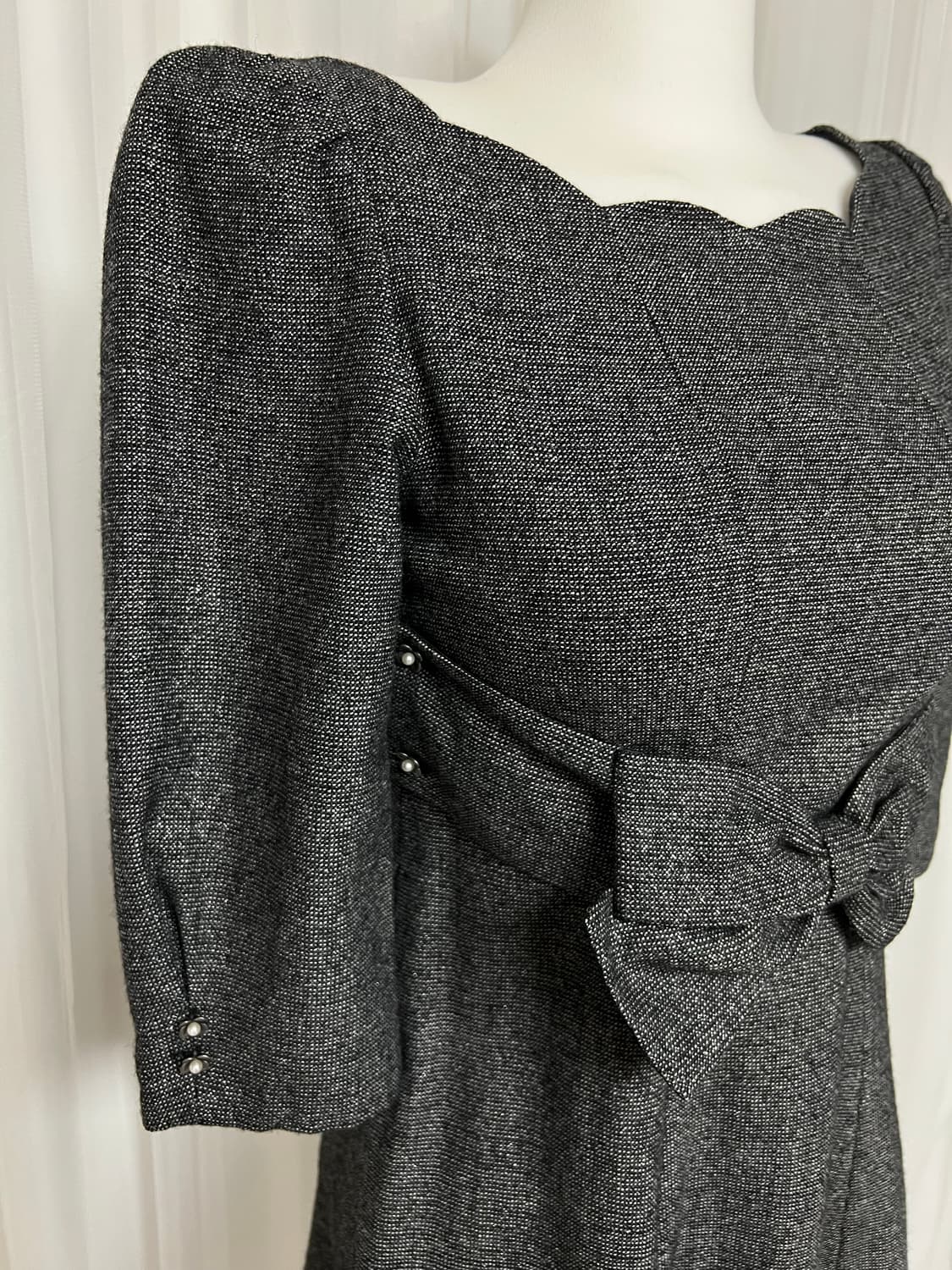 회색 트위드 플라워버튼 리본 원피스 상품이미지2