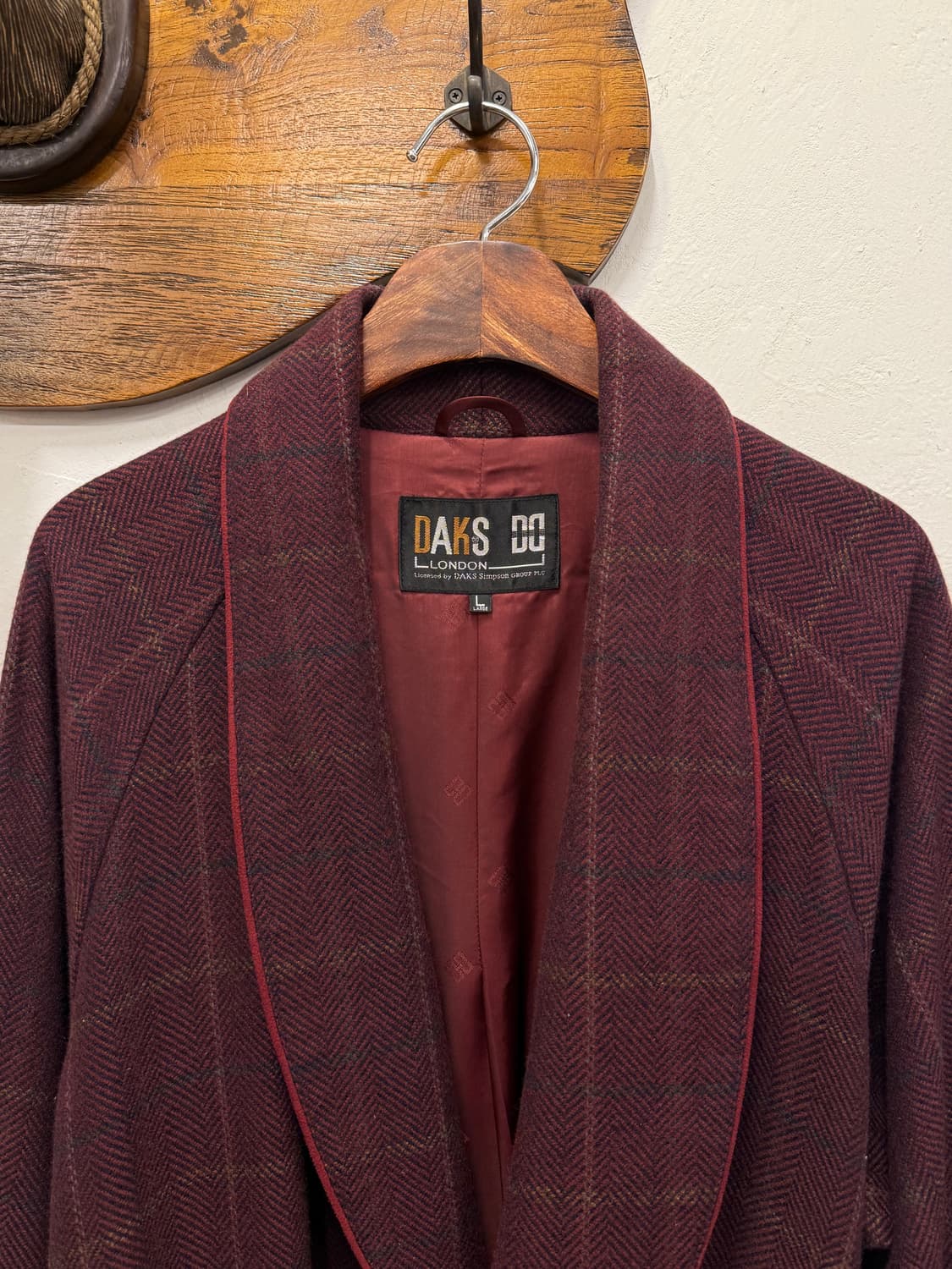 L) DAKS Burgundy Check Cashmere Robe Coa 상품이미지3