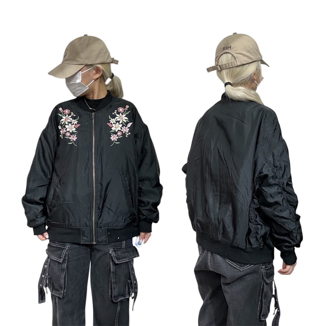 일본 빈티지 COLZA 블랙 자수 스카잔 봄버 항공 잠바 L 상품이미지1