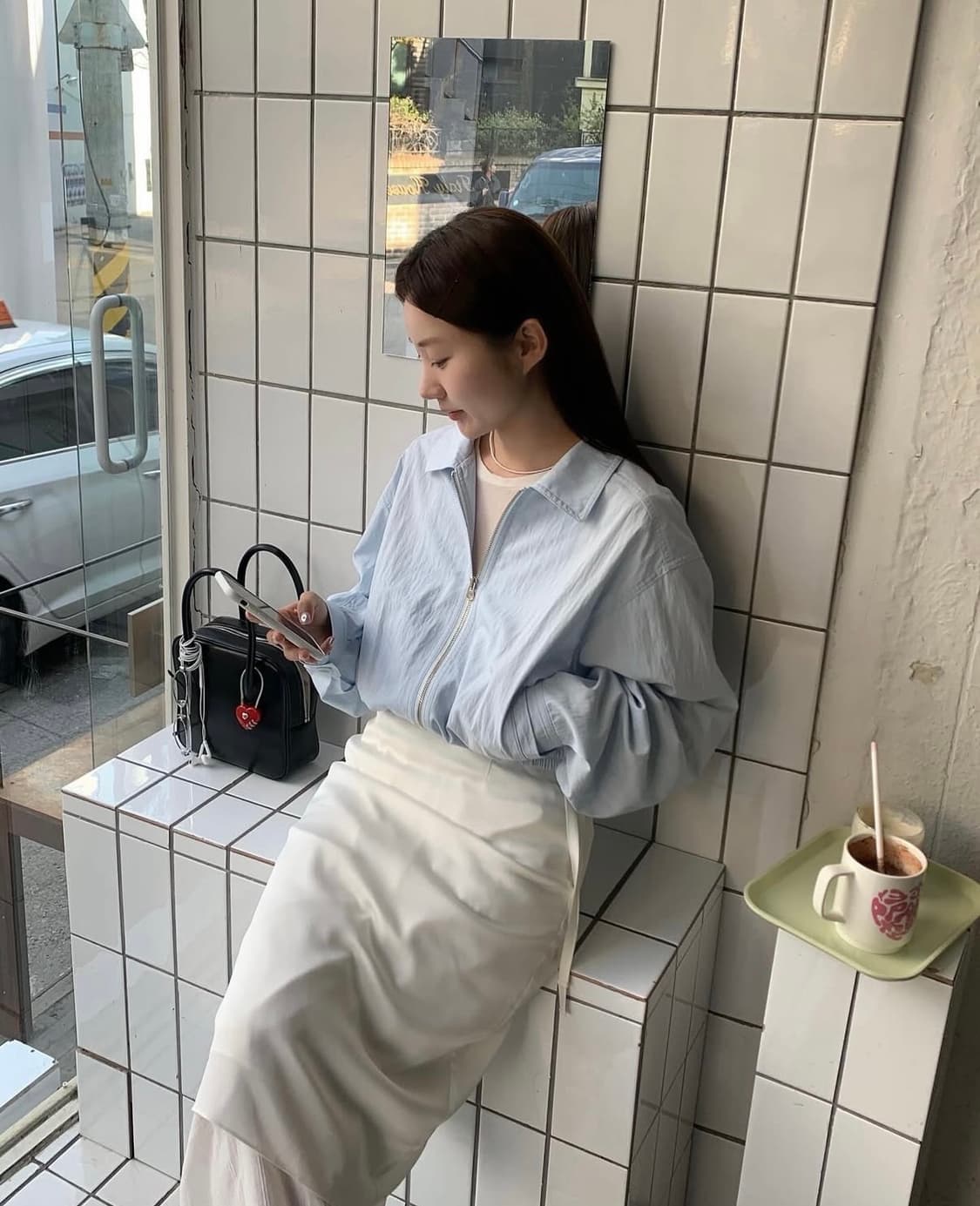 (새상품) 더히어 바이무드 썸머 블루종 화이트 상품이미지2