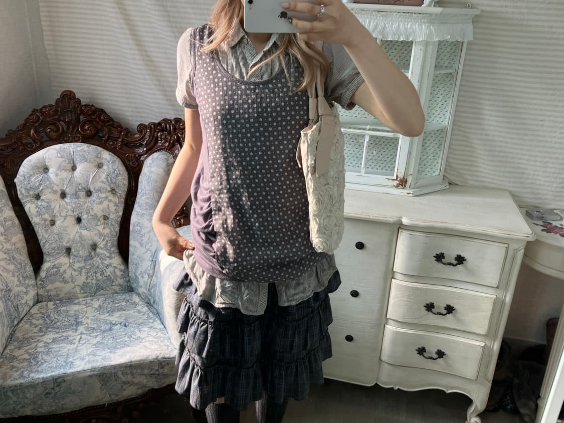 Set) 도트 셔링 레이어드 원피스 + 모리 스트라이프 셔츠 상품이미지1