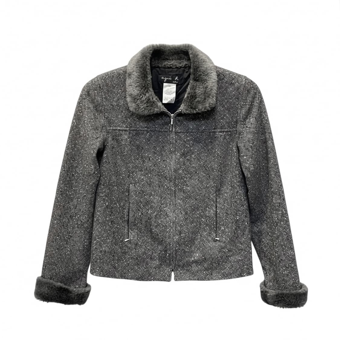 아네스베 울 집업 자켓 앙고라 카라넥 소매 퍼 디테일 그레이 상품이미지1