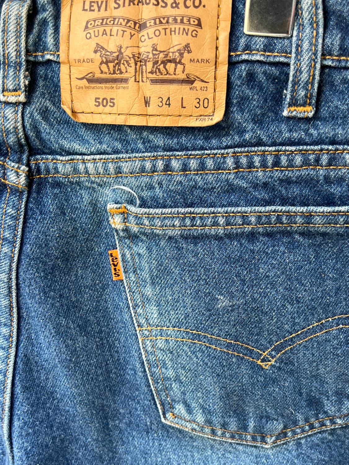 90's [34x30] 리바이스 505 오렌지탭 블루 데님 팬츠 상품이미지9