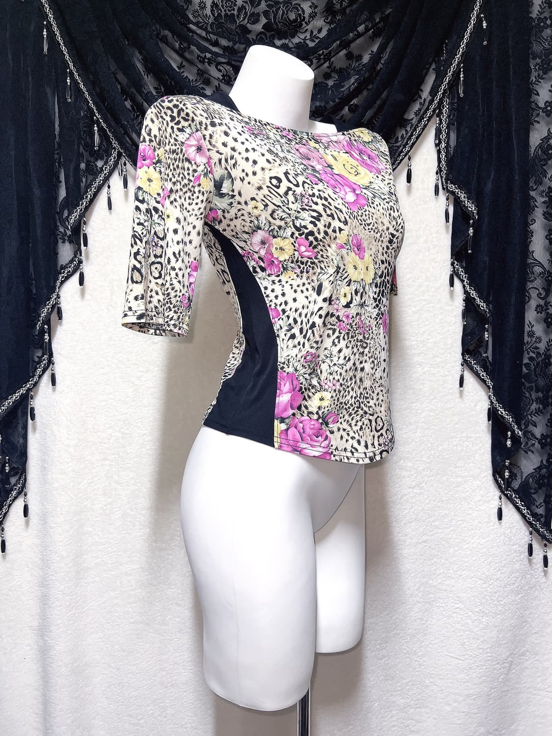 레오파드 호피 플라워 패턴 반팔탑 오네갸루 히메 오리엔탈 펑크 핀터 상품이미지2