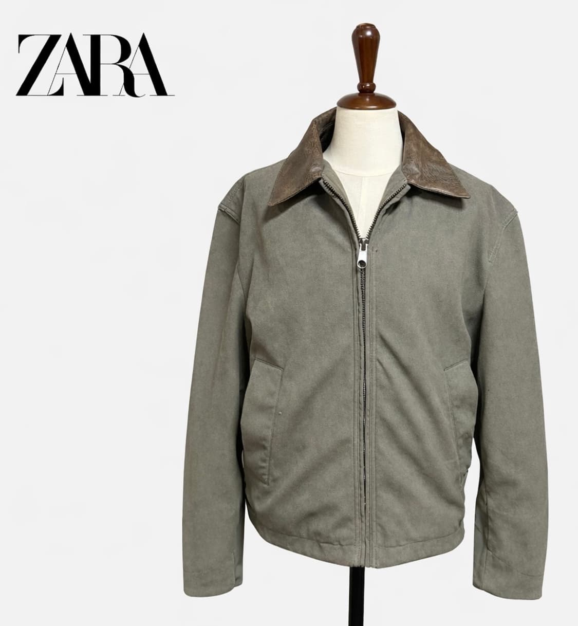 자라 ZARA 스웨이드 배색 카라 집업 자켓 카키 상품이미지1