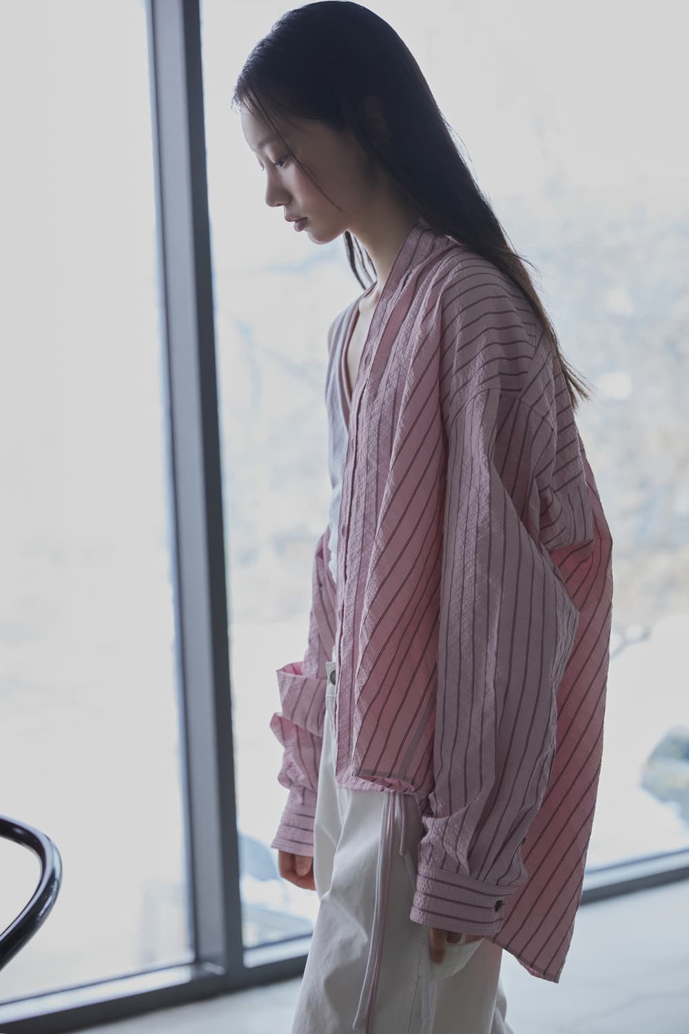 아비에무아 스트라이프 오버사이즈 셔츠 핑크 상품이미지2