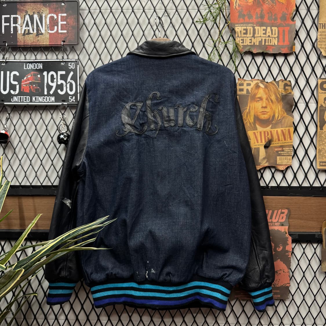 빈티지 데님 레더 바시티 자켓 후면 레더 레터링 포인트 블랙 상품이미지2