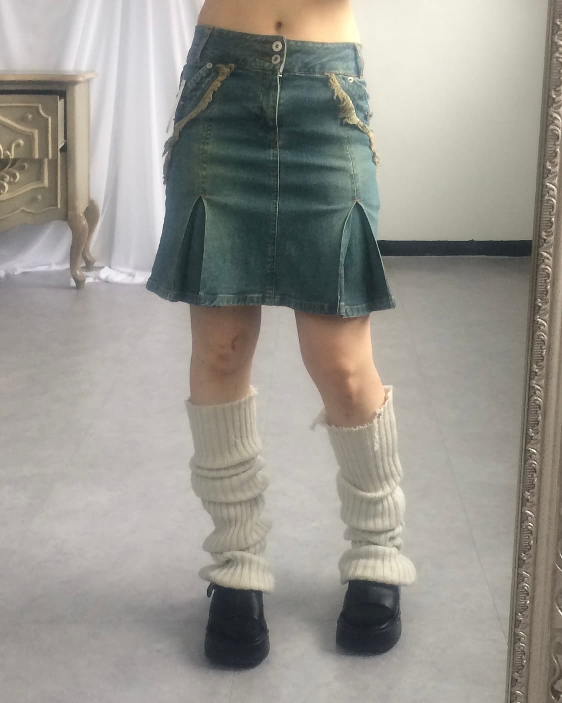 Fringe point denim pleats skirt 상품이미지5