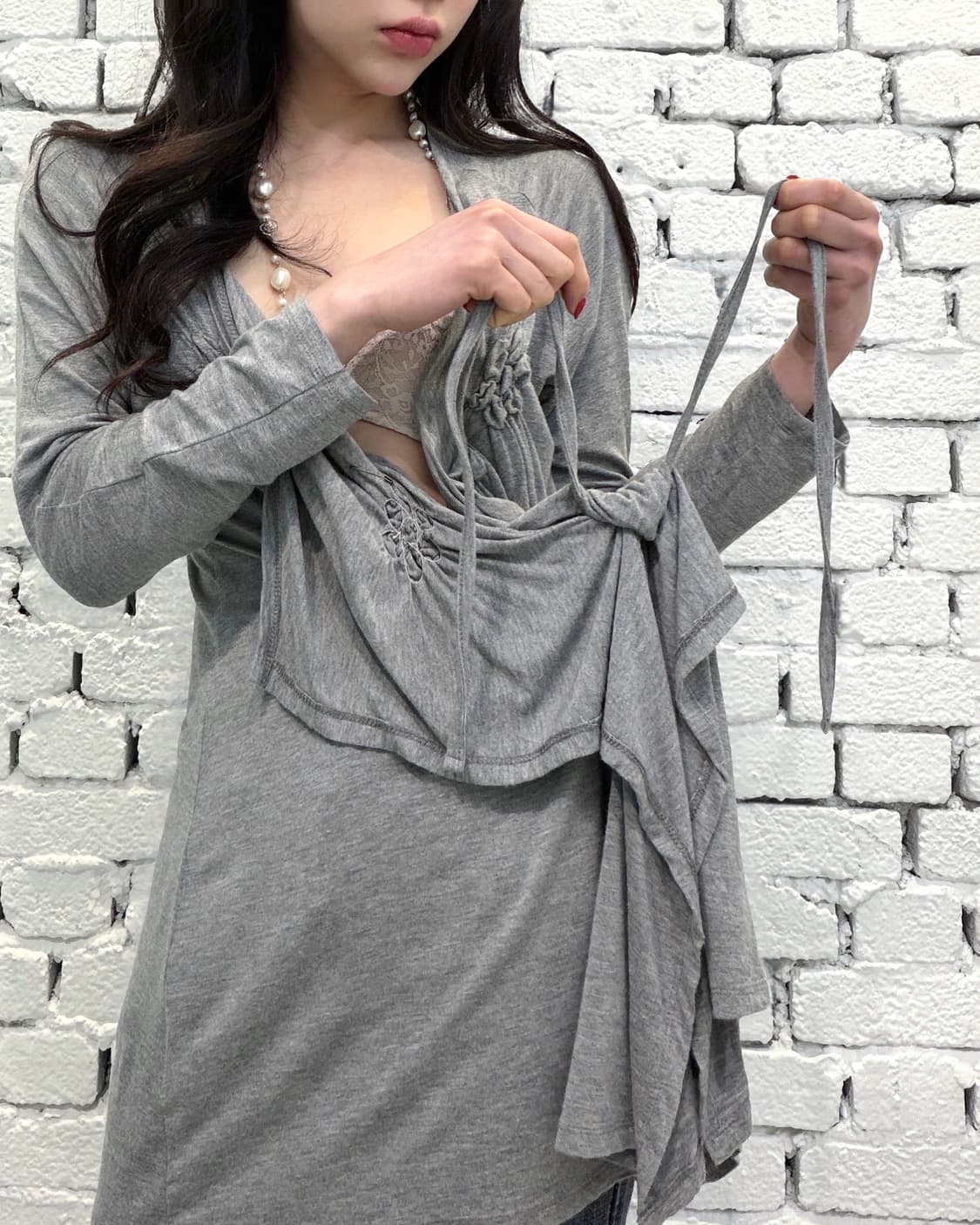 Draped Floral Detail Long Cardigan 상품이미지1