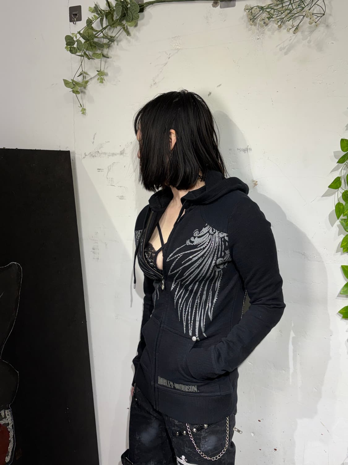 할리데이비슨 큐빅 y2k 날개 자수 후드 집업 XS 상품이미지6