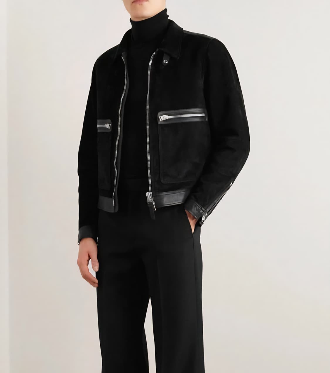 톰포드 신상 블랙 풀그레인 레더 스웨이드 트러커 자켓 상품이미지1