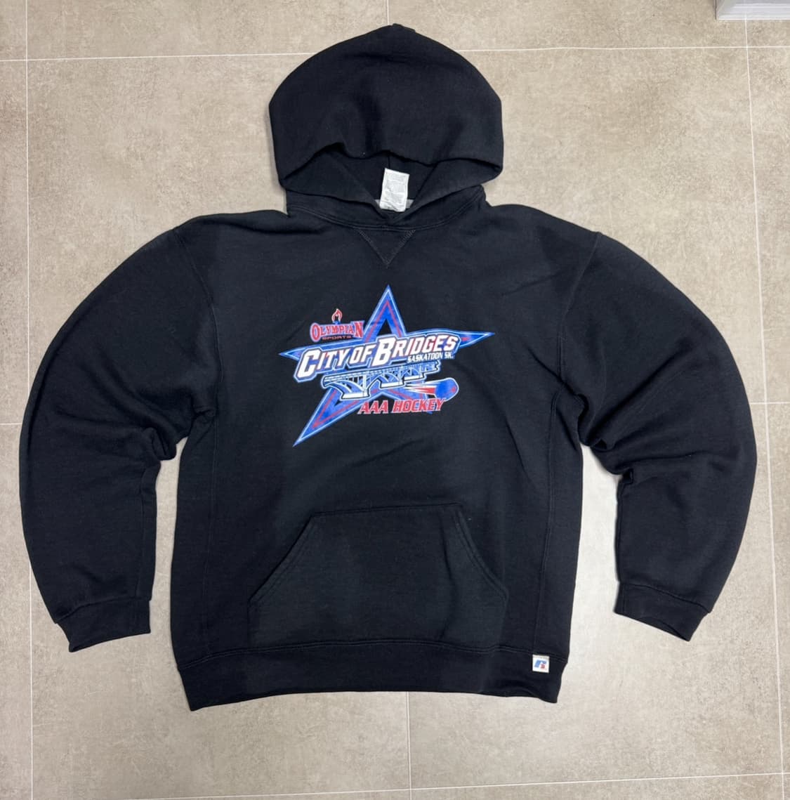 빈티지 러셀 애슬레틱 ‘AAA Hockey’ 그래픽 후드티 블랙 상품이미지1