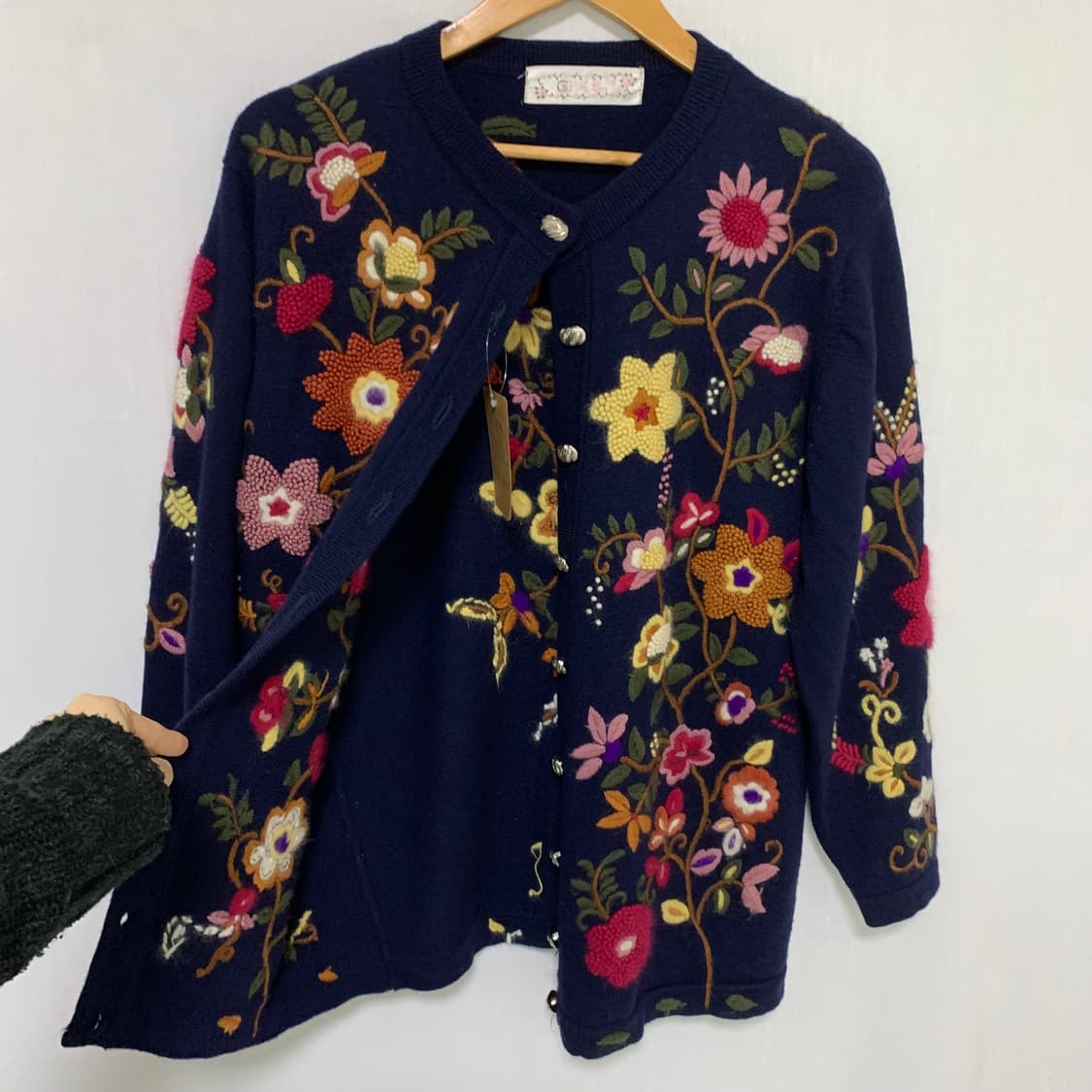 jpn 일본 빈티지 플라워 자수 버튼 가디건 네이비 모리걸 히피 상품이미지4