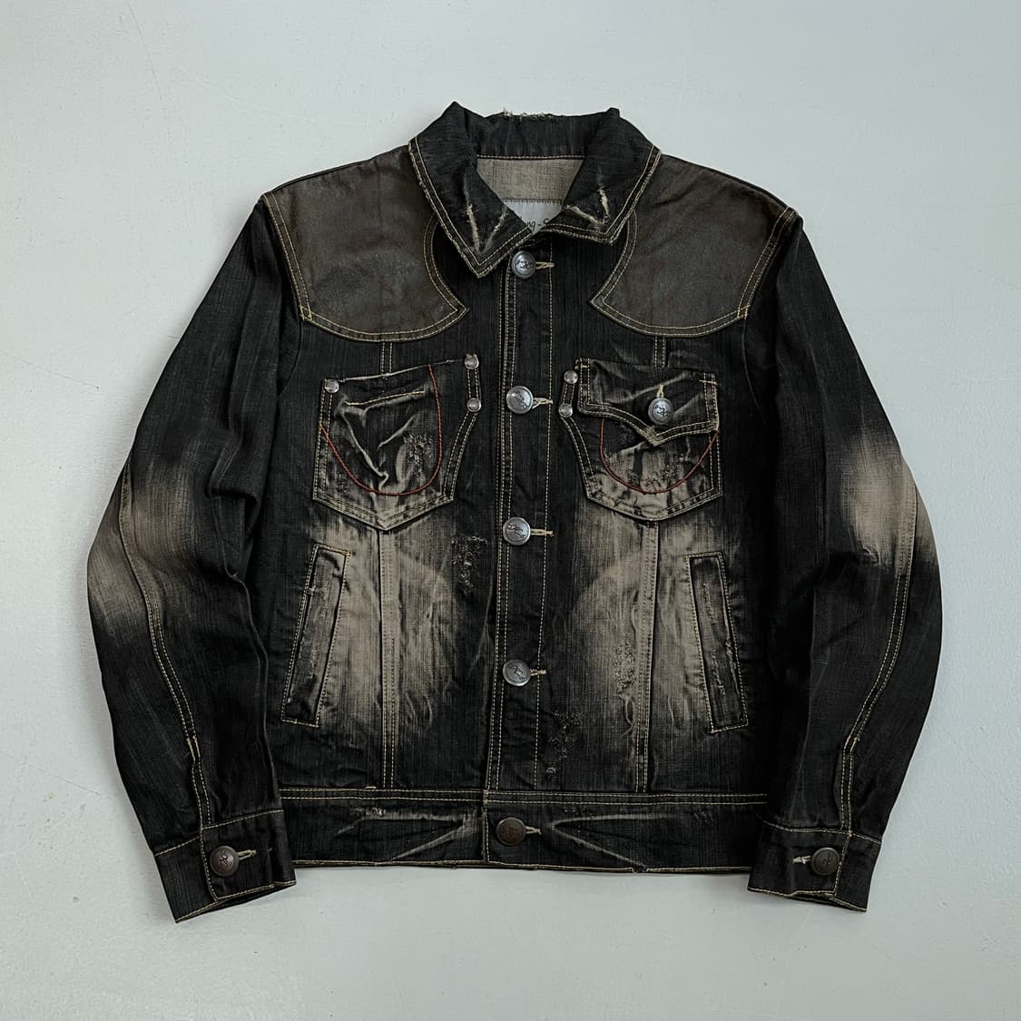 웨스턴 흑청 워싱 빈티지 가죽도킹 그런지 데님자켓 상품이미지2