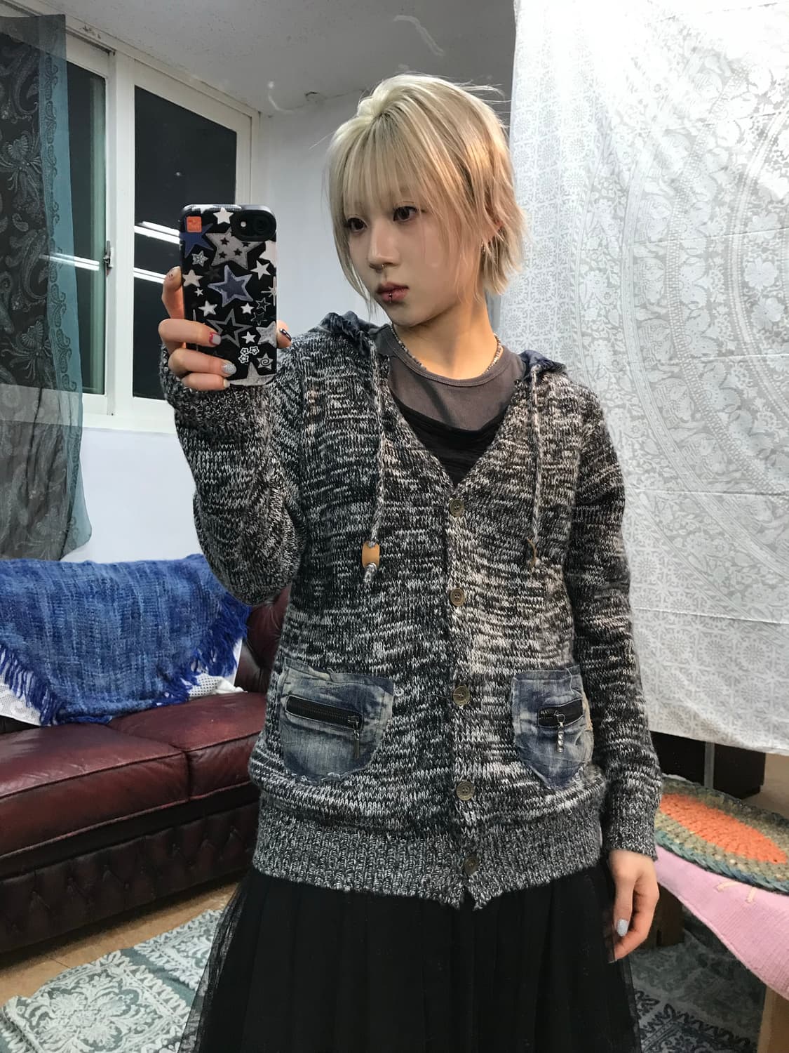 빈티지 데님 패치 후드 가디건 상품이미지1