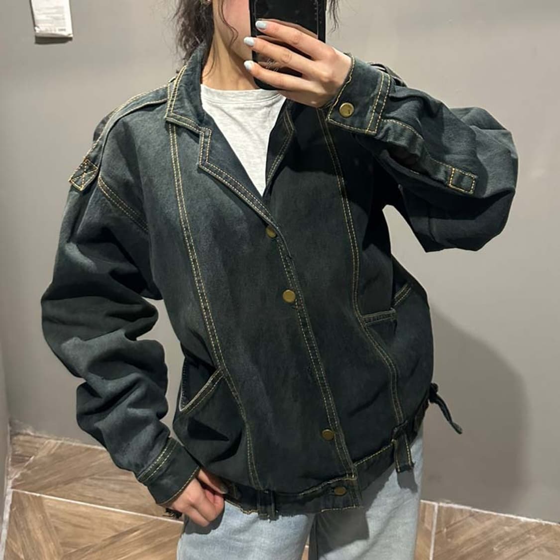 JPN VINTAGE 데님 워크 초어자켓 패널절개 스트랩 디테일 딥카키 상품이미지6