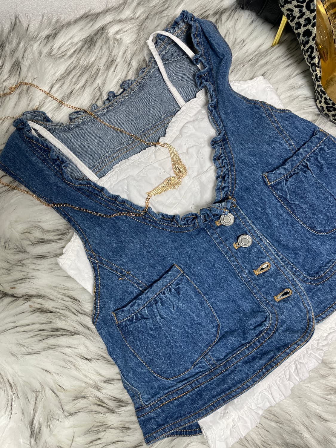 러블리 데님 프릴 베스트 펀칭 나시 세트 (2pcs) 상품이미지2