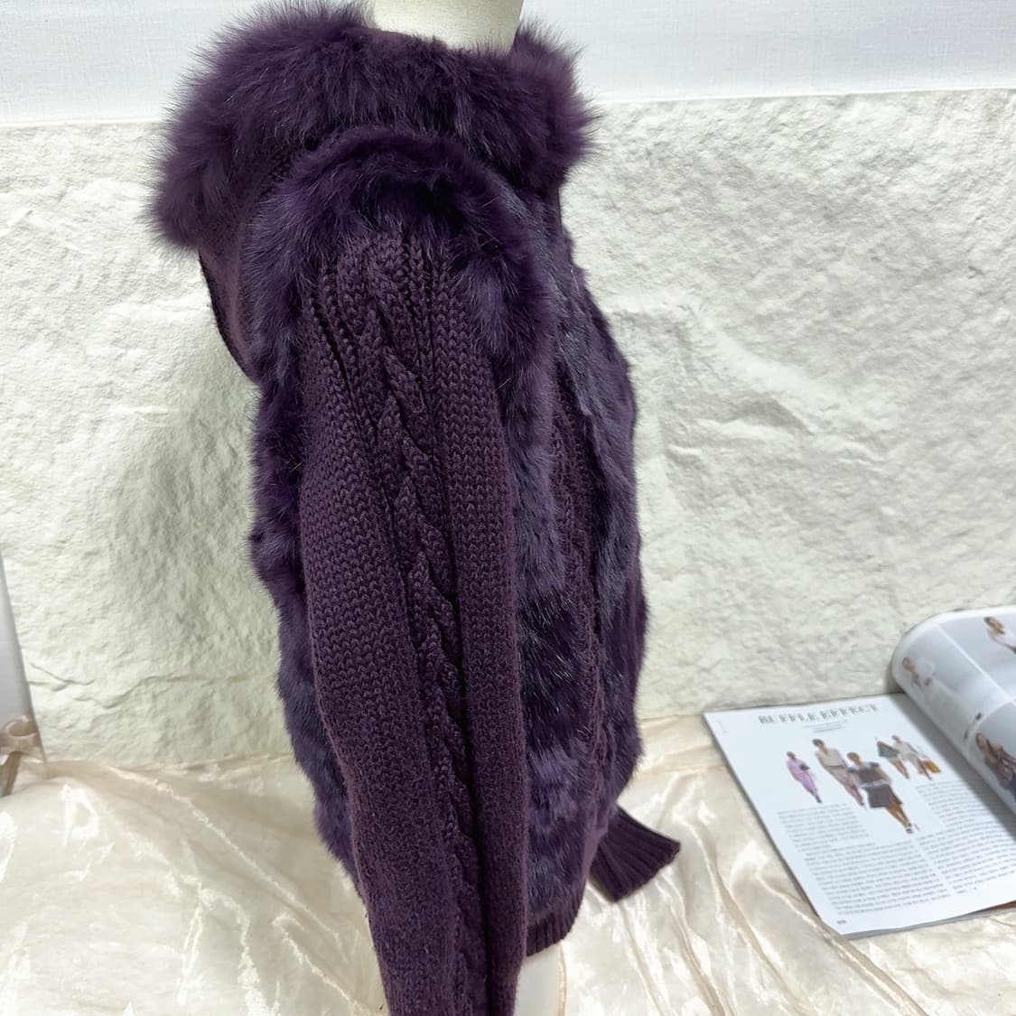 빈티지 다크 나이트 퍼플 여우털후드 토끼털 꽈배기 니트자켓 후드집업 상품이미지3