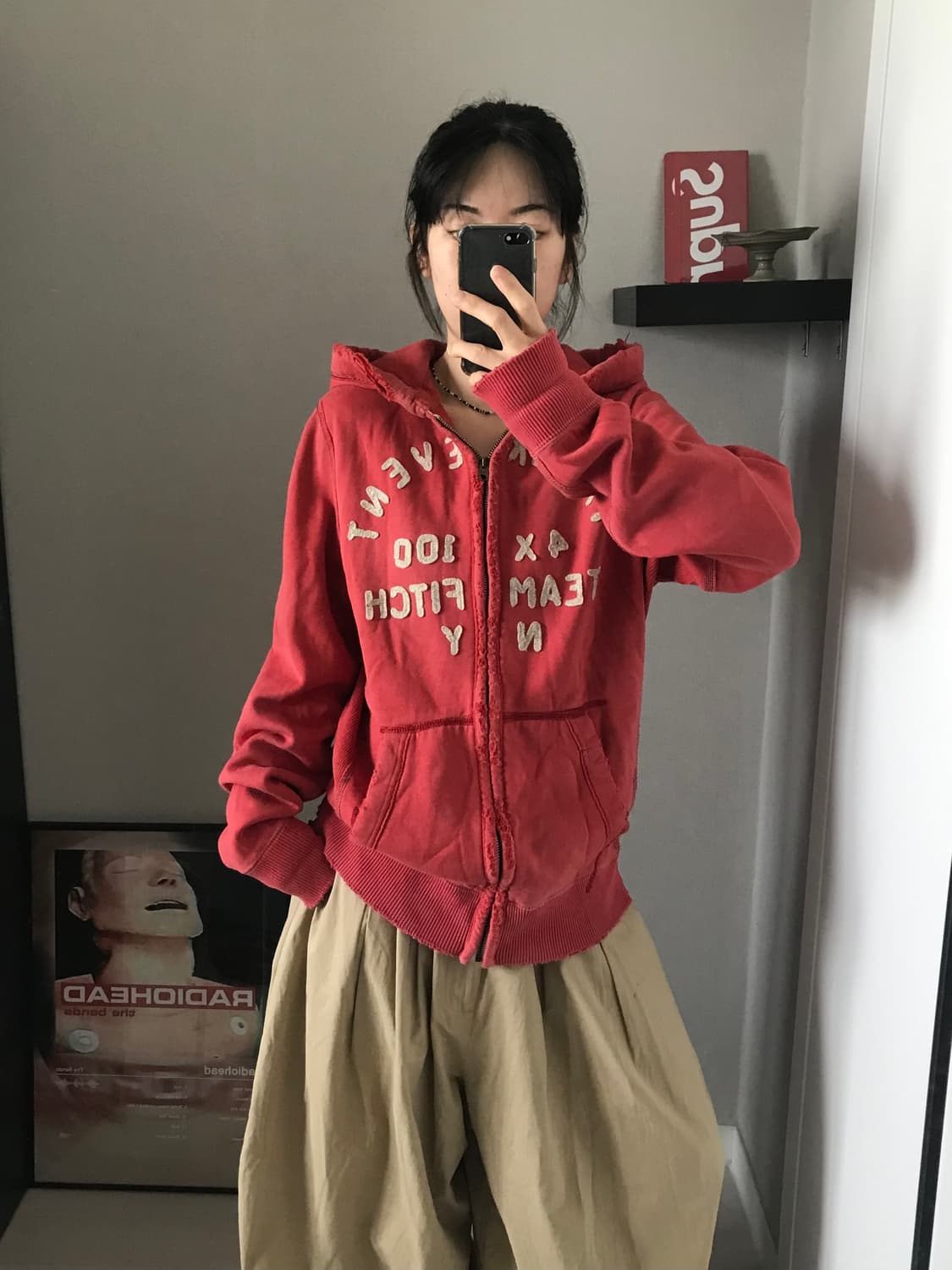 아베크롬비 자수 로고 다홍 헤비 후드집업 상품이미지3