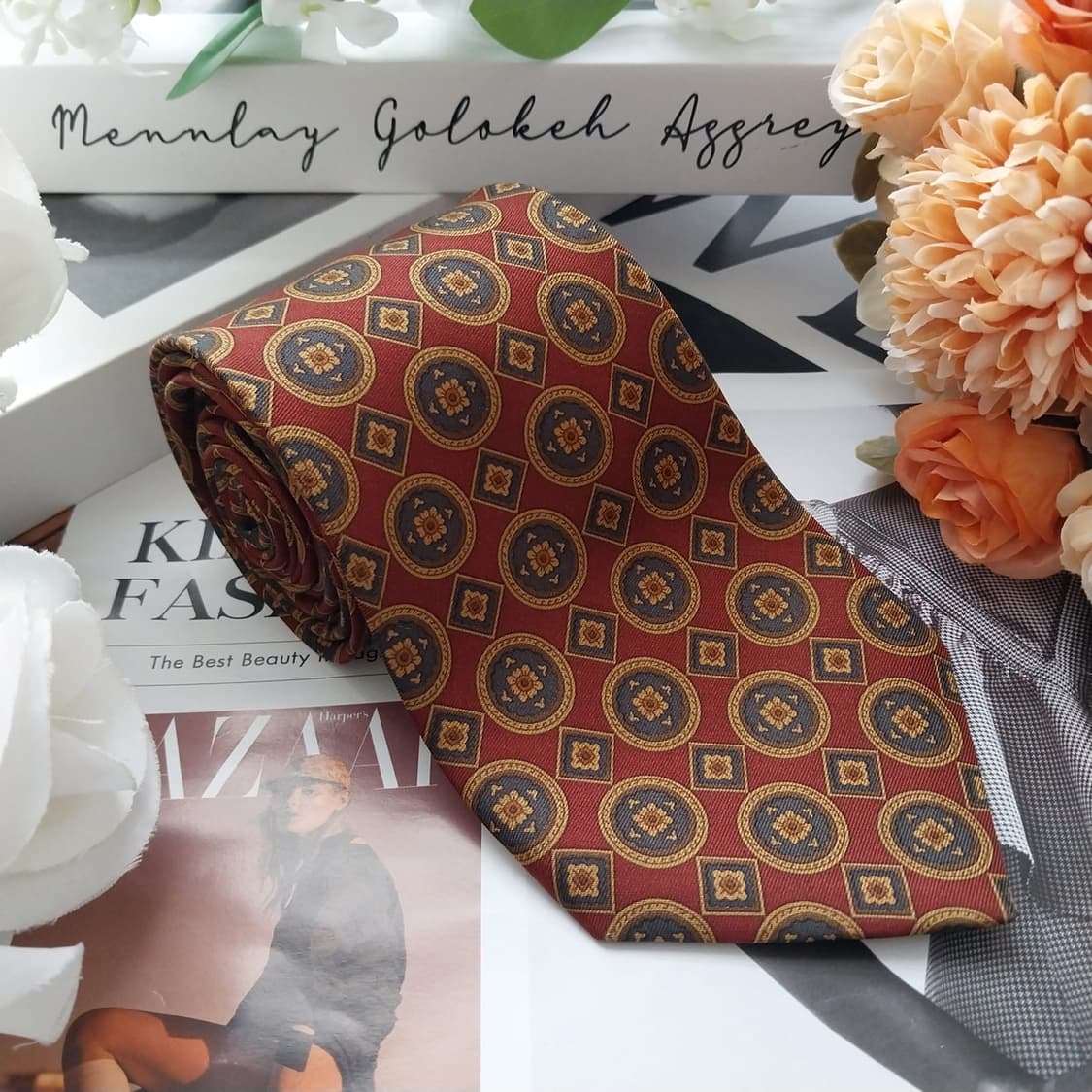 리첼 실크 와인 브라운 패턴 넥타이 8.9cm A+등급 K2460 상품이미지2