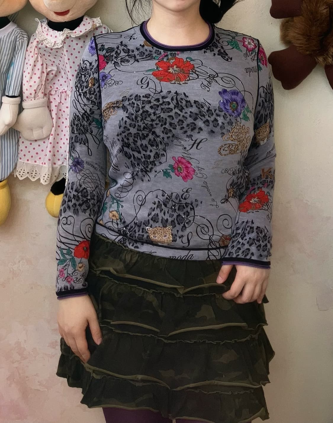 jpn 레오파드 비즈 포인트 니트 티셔츠 상품이미지1