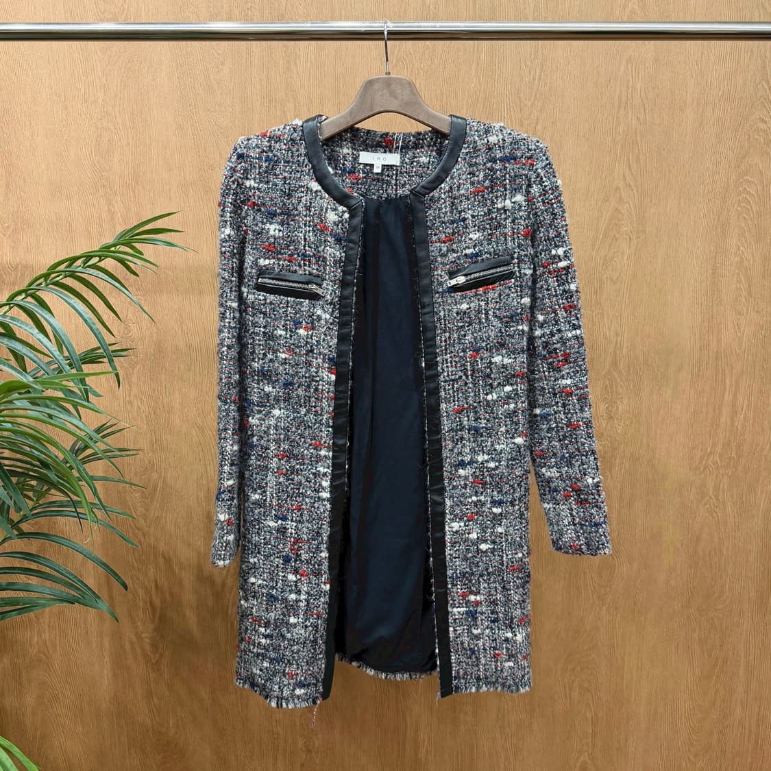 이로 긴팔 오픈 롱 트위드 자켓 레더 트리밍 지퍼 포켓 디테일 그레이 상품이미지1