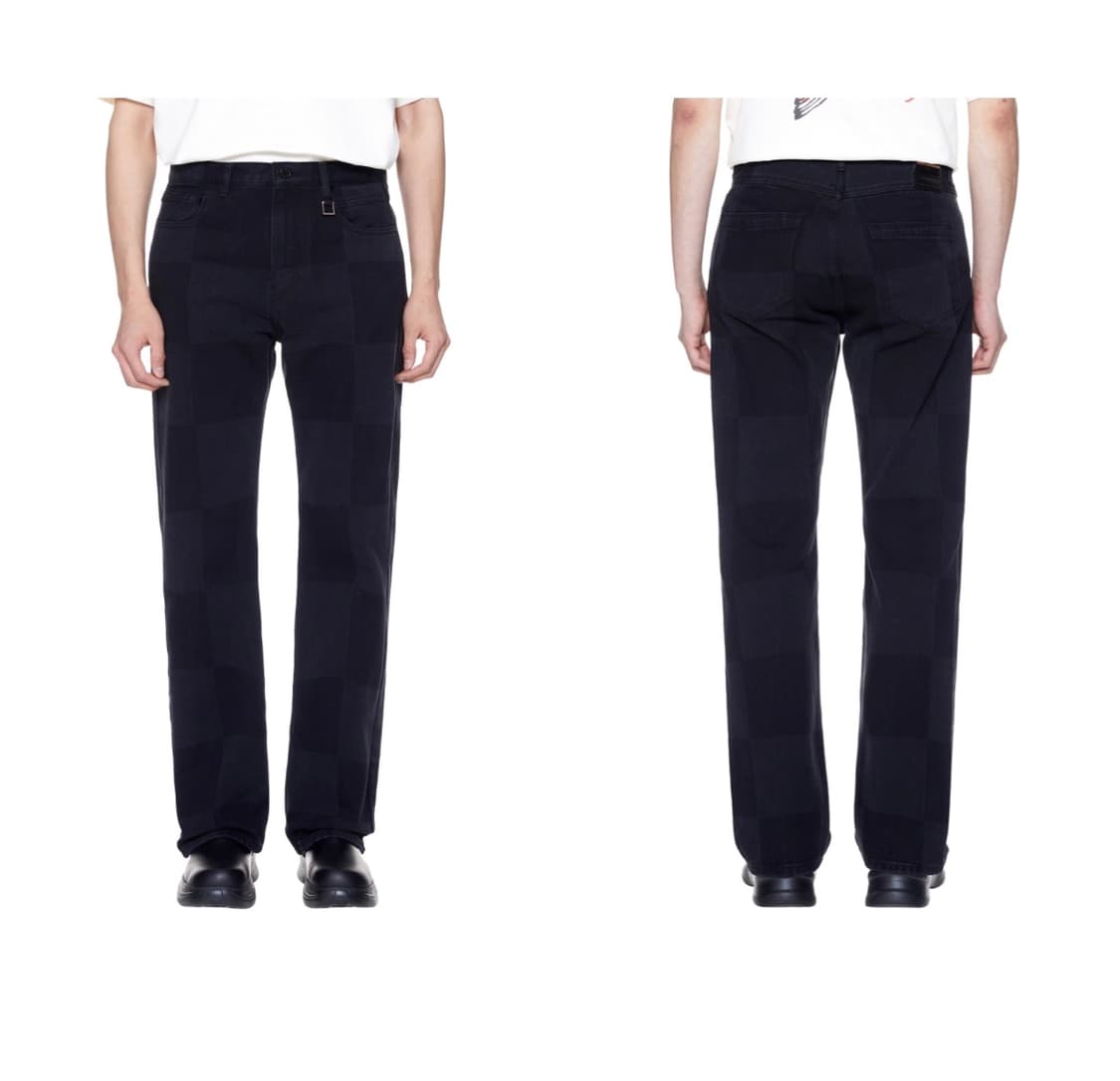 우영미 롱스트레이트 체크 블랙 데님 팬츠 상품이미지1