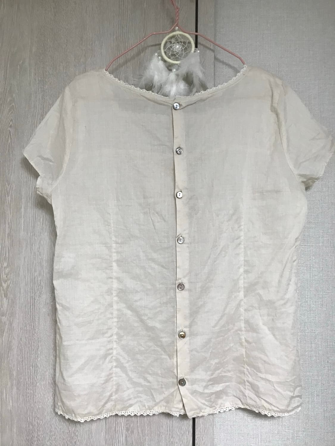 카메 빈티지 모리걸 살구 핀턱 크로셰 블라우스 상품이미지3