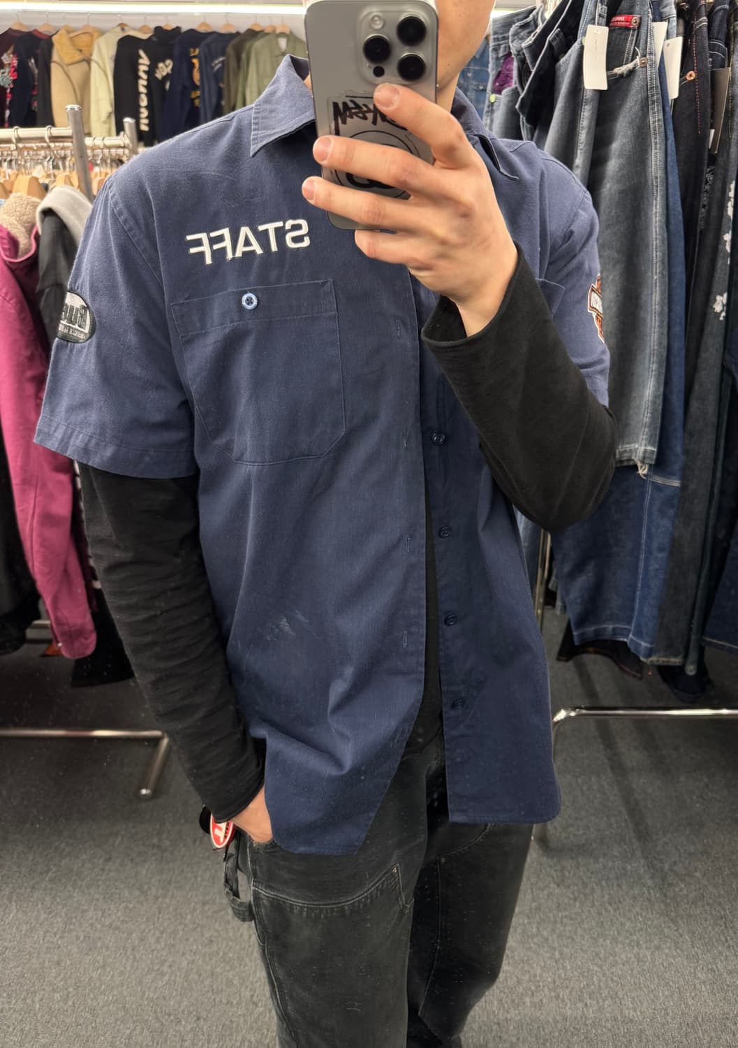 M)할리데이비슨 빈티지 패치 STAFF 자수 네이비 반팔셔츠 상품이미지1