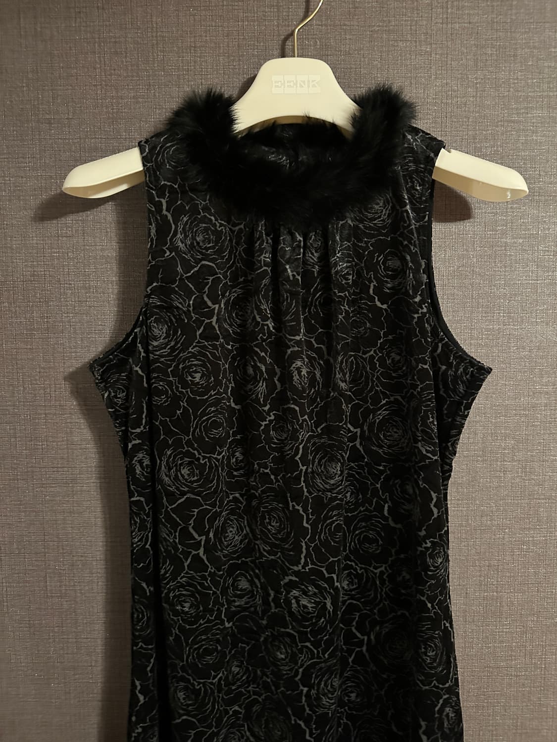 블랙 로즈 패턴 털 장식 민소매 원피스 S 상품이미지2