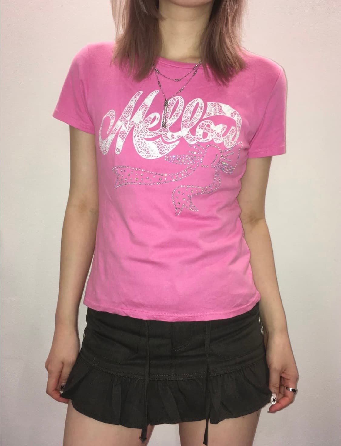 일본 빈티지 핑크 리본 비즈 티셔츠 상품이미지1