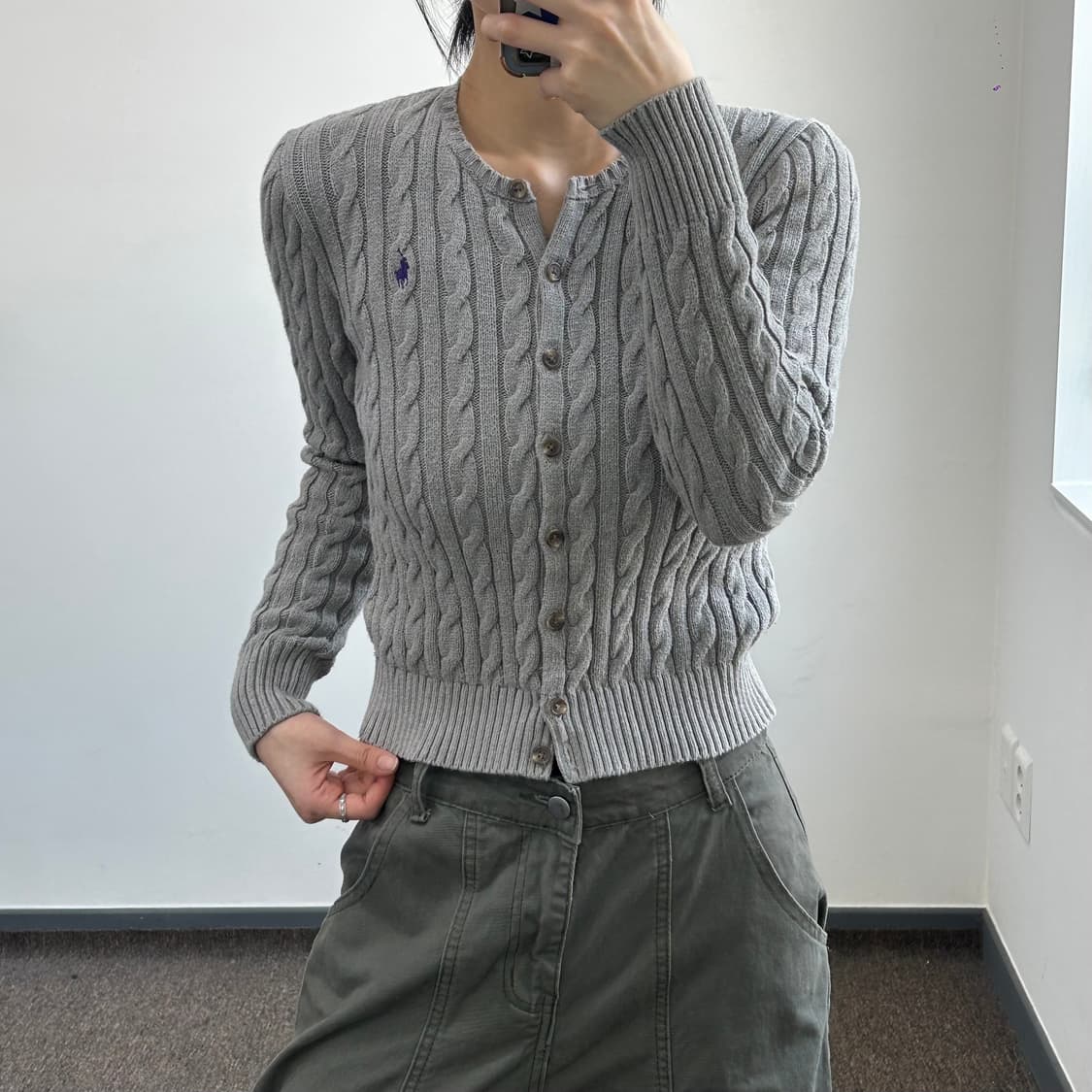 Polo 폴로 퍼플 포니 그레이 케이블 니트 가디건 상품이미지2
