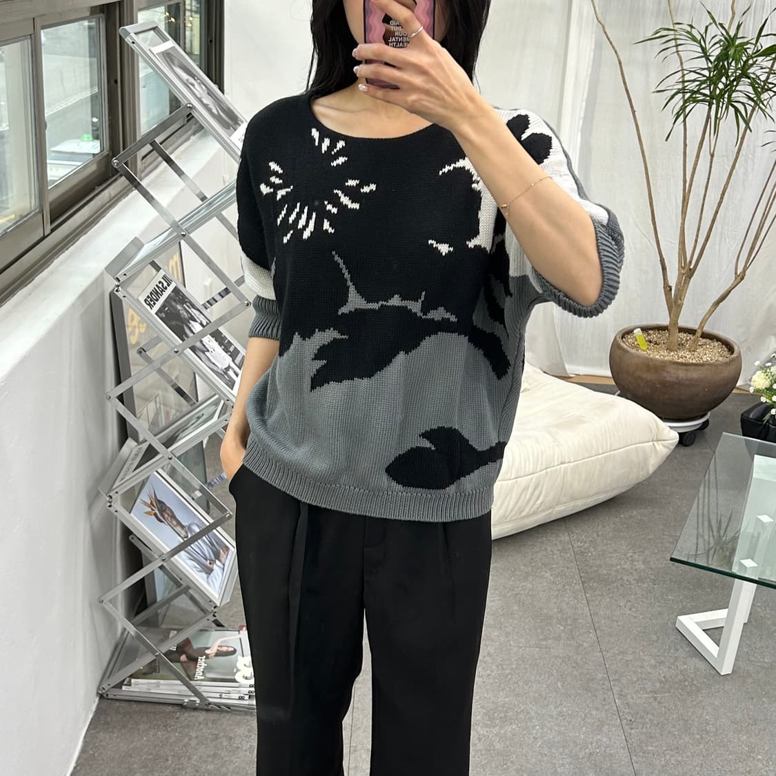 이태리 피아자 셈피오네 플라워 패턴 돌먼 니트 탑 상품이미지2