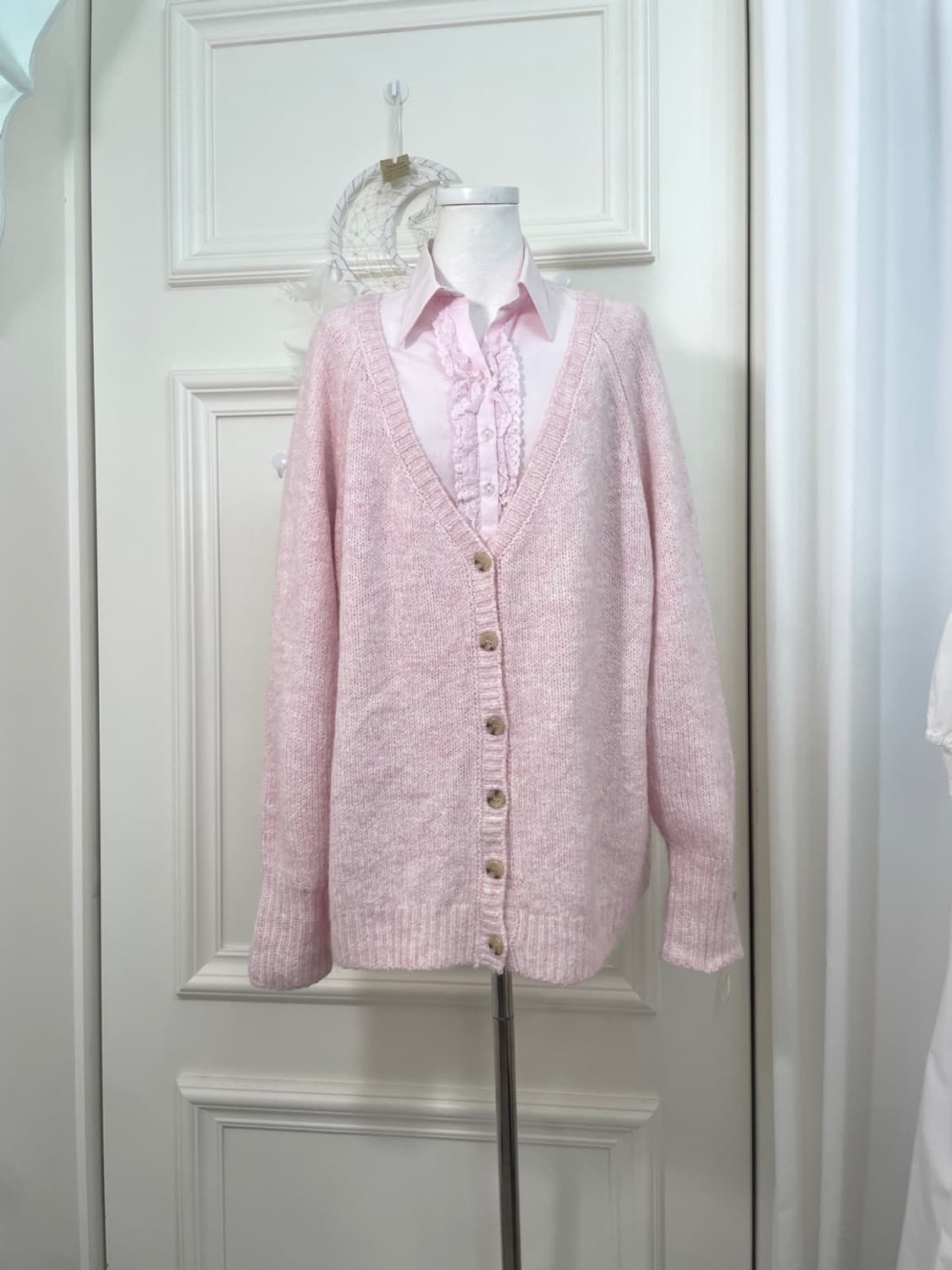 pink melange over back point cardigan 상품이미지1