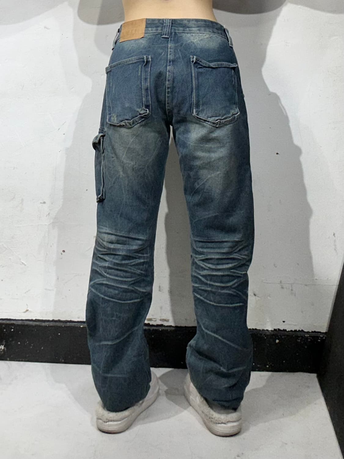 일본 빈티지 진청 워싱 새깅 와이드 데님 팬츠 L 상품이미지3