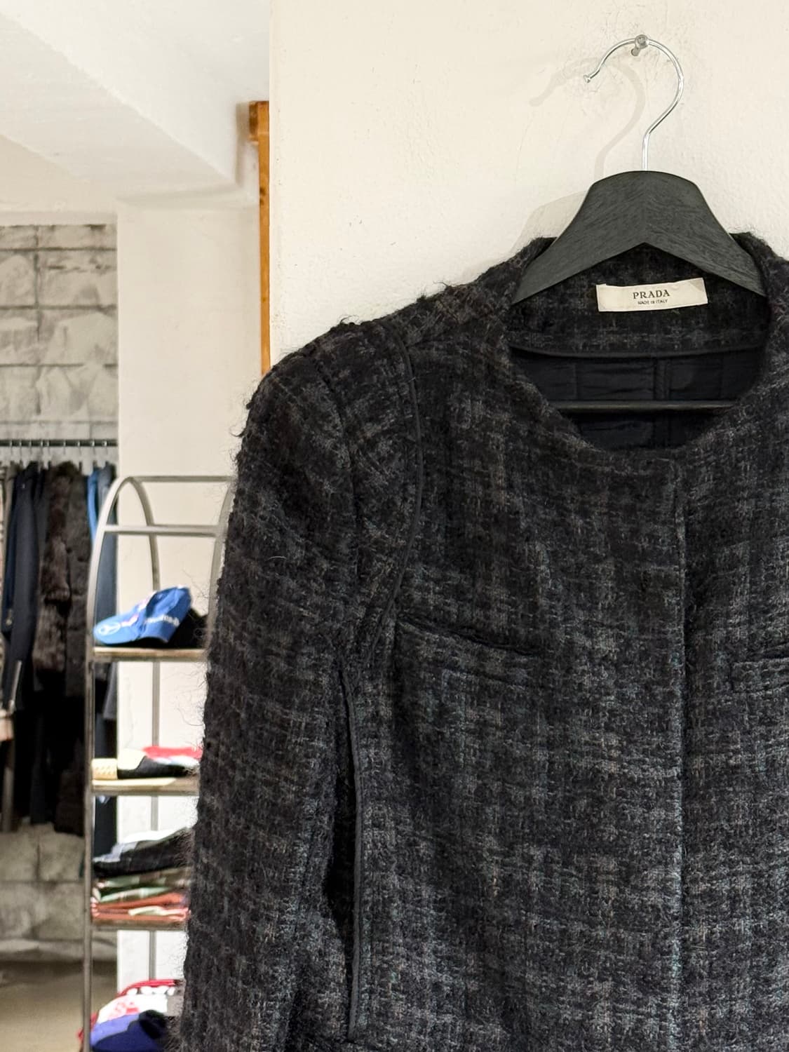 프라다 차콜 트위드 모헤어 블렌드 노카라 자켓 상품이미지2