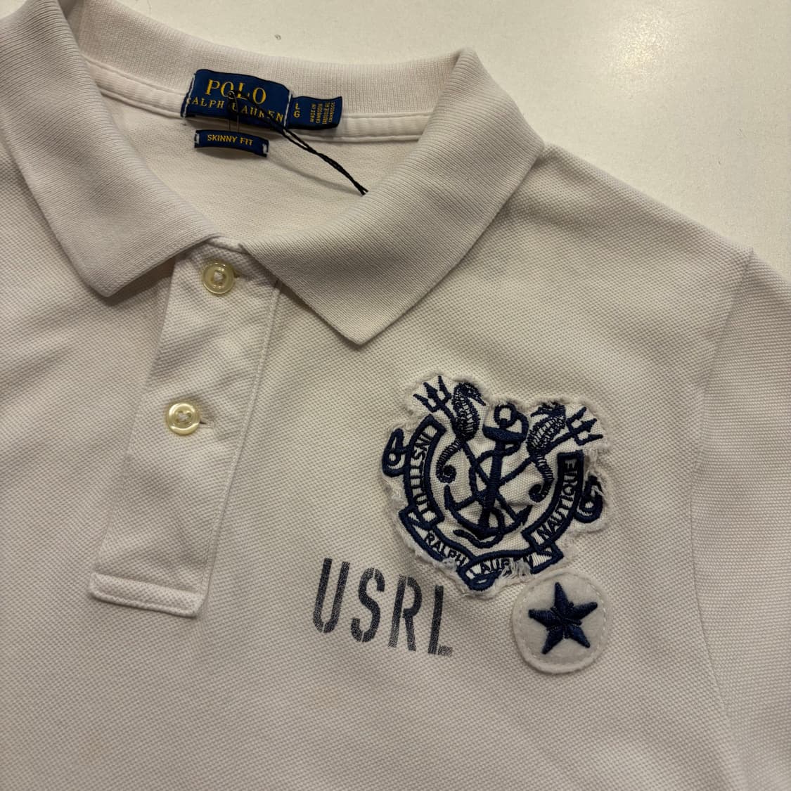 [L] 폴로 랄프로렌 스키니핏 화이트 반팔 카라티 패치 D354 상품이미지5